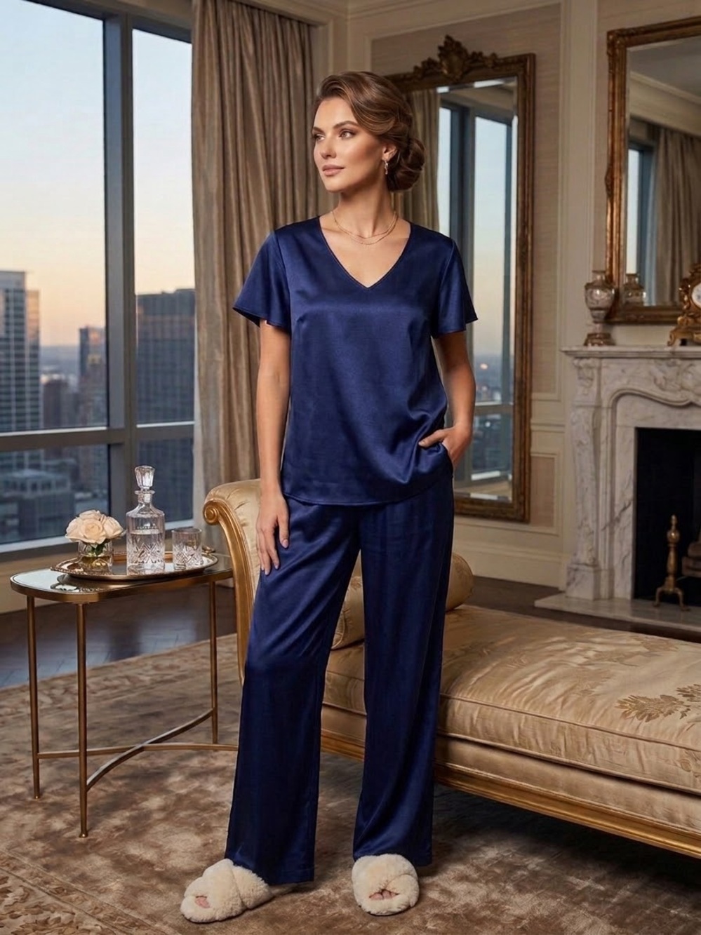 Silky V-Neck Navy Satin Pajama Set - Women Intimates & Sleepwear Size M